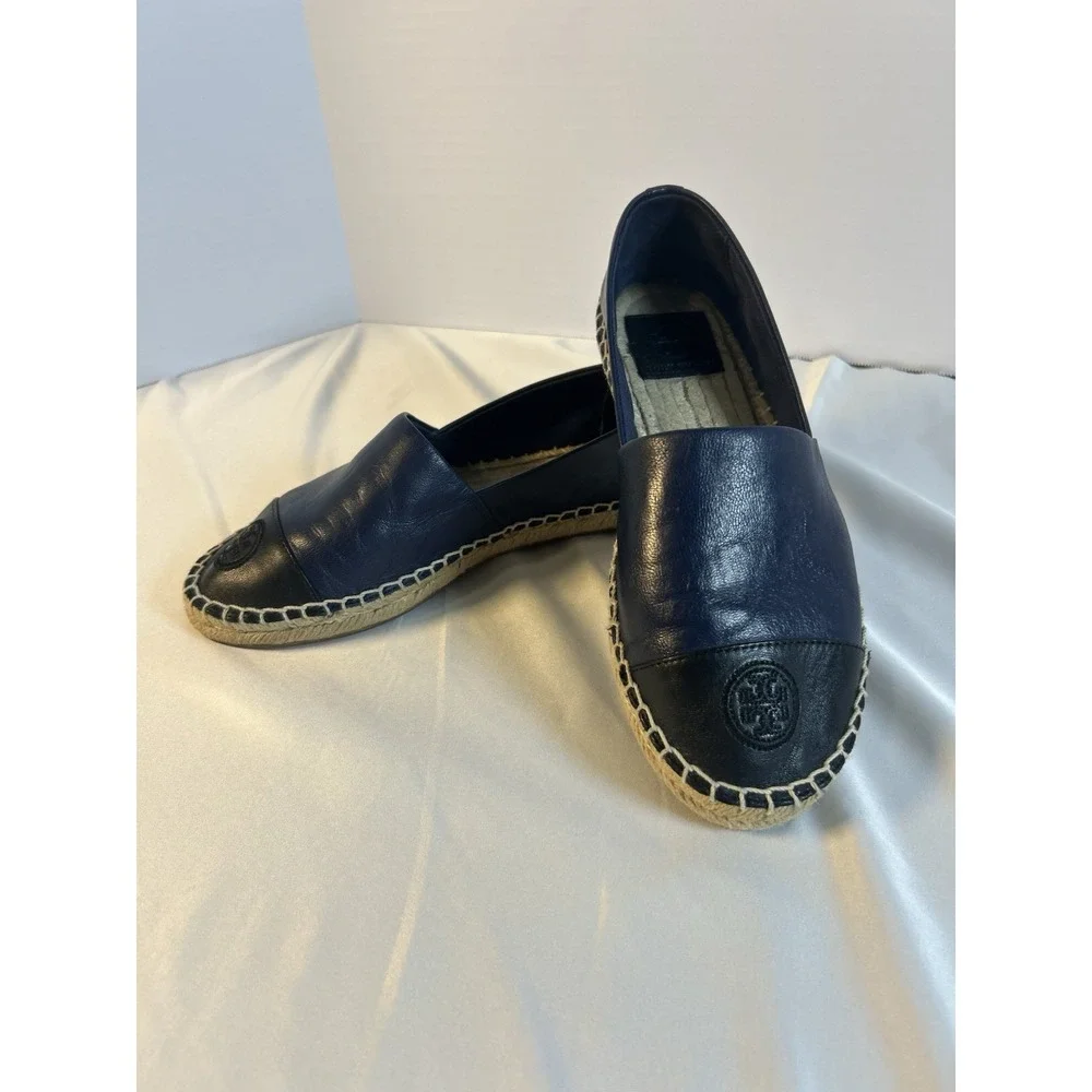 Tory Burch Women Navy Black Leather Cap Toe Espadrille Flats Sz 7 Elegant Preppy